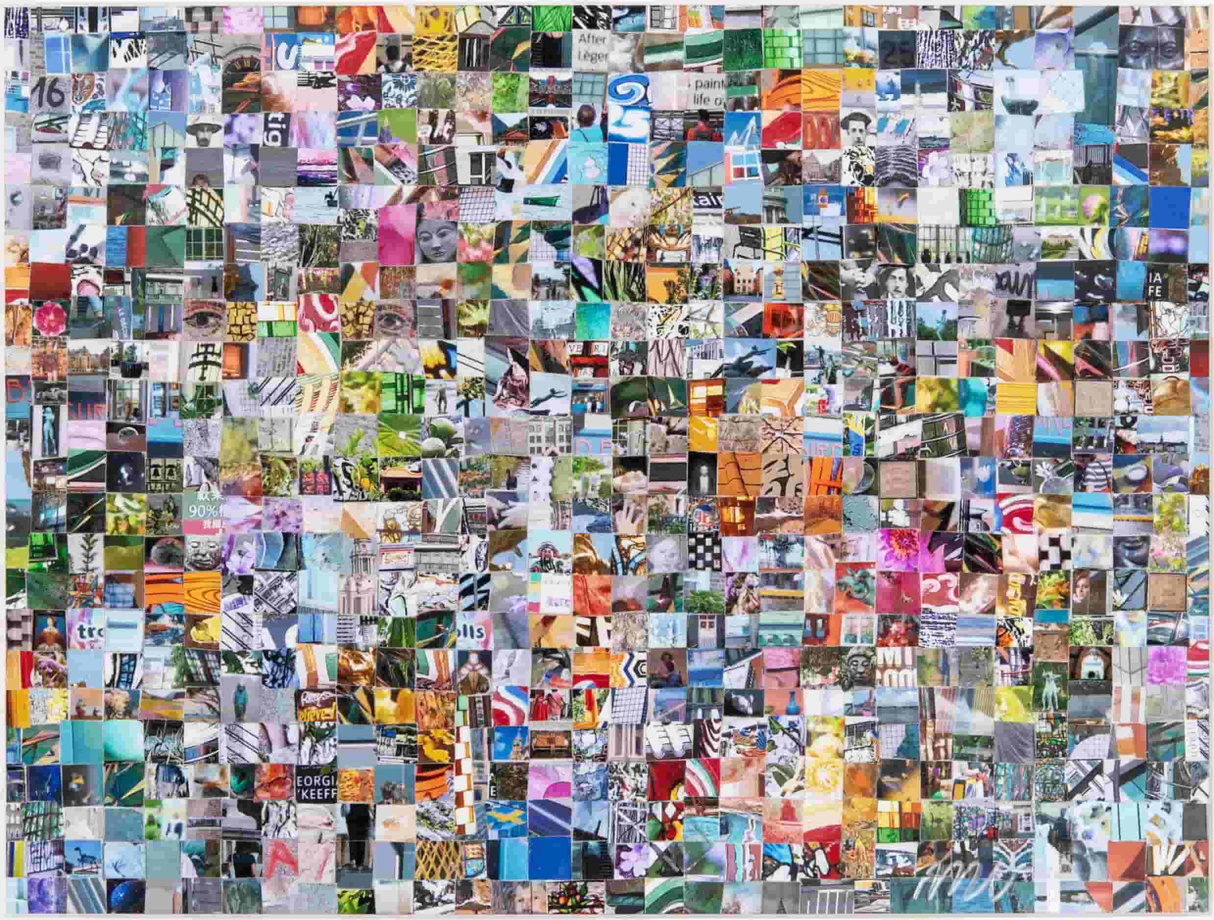 Collage de papier abstrait rectangulaire fait d'un alignement d'une multitude de petit carrés.